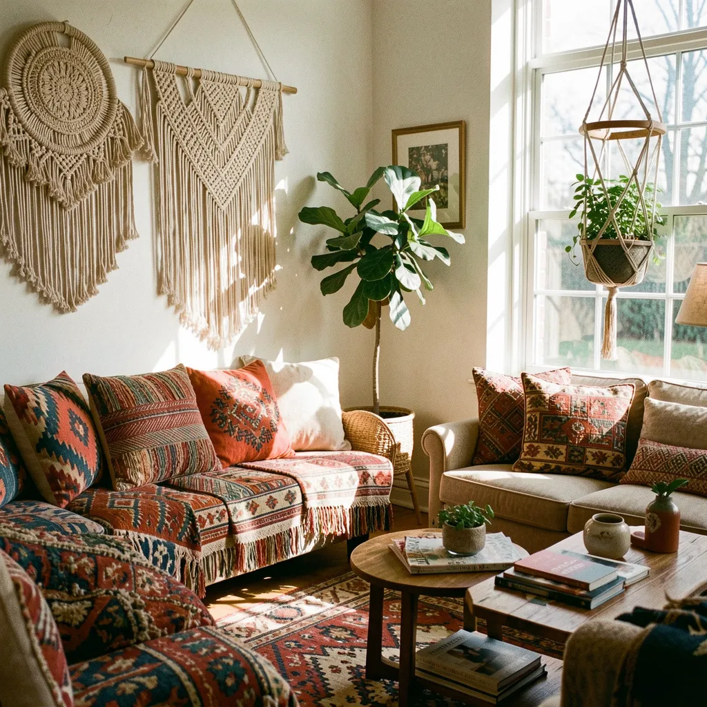 Eklektisk stue med mønstre og teksturer